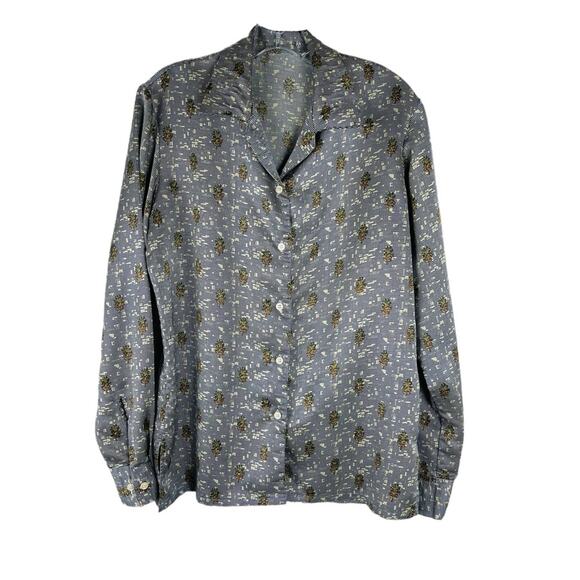 Vintage blue tan floral cottagecore checked satin button front shirt top medium - Picture 1 of 6